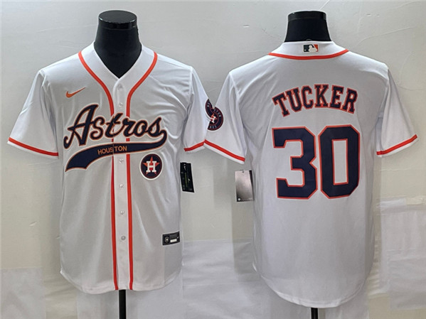 Men's Houston Astros #30 Kyle Tucker White With Patch Cool Base Stitched Baseball Jersey